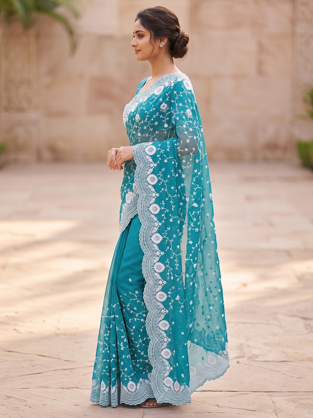 Peachmode Teal Floral Embroidered Mul Chanderi Saree - Image 5