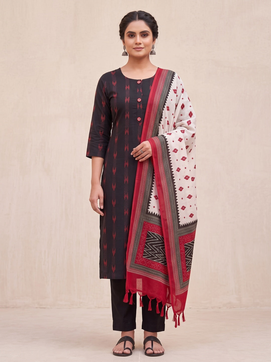 Peachmode Black Geometric Printed Pure Cotton Dress Material - Image 1