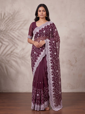 Peachmode Maroon Floral Embroidered Mul Chanderi Saree - Image 1