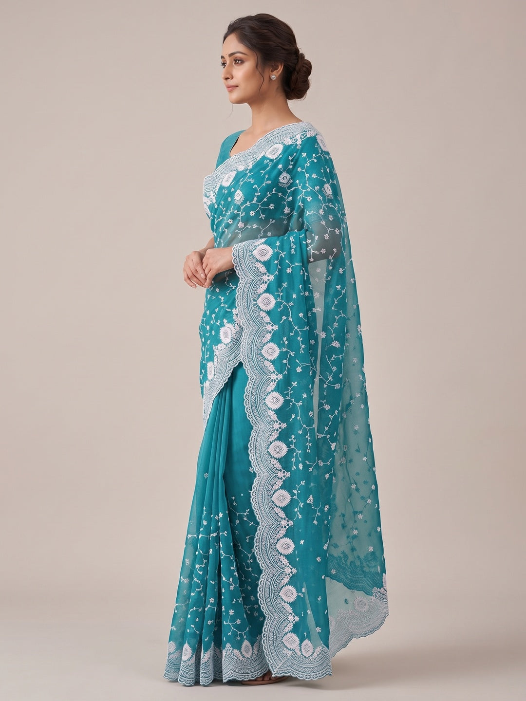 Peachmode Teal Floral Embroidered Mul Chanderi Saree - Image 6