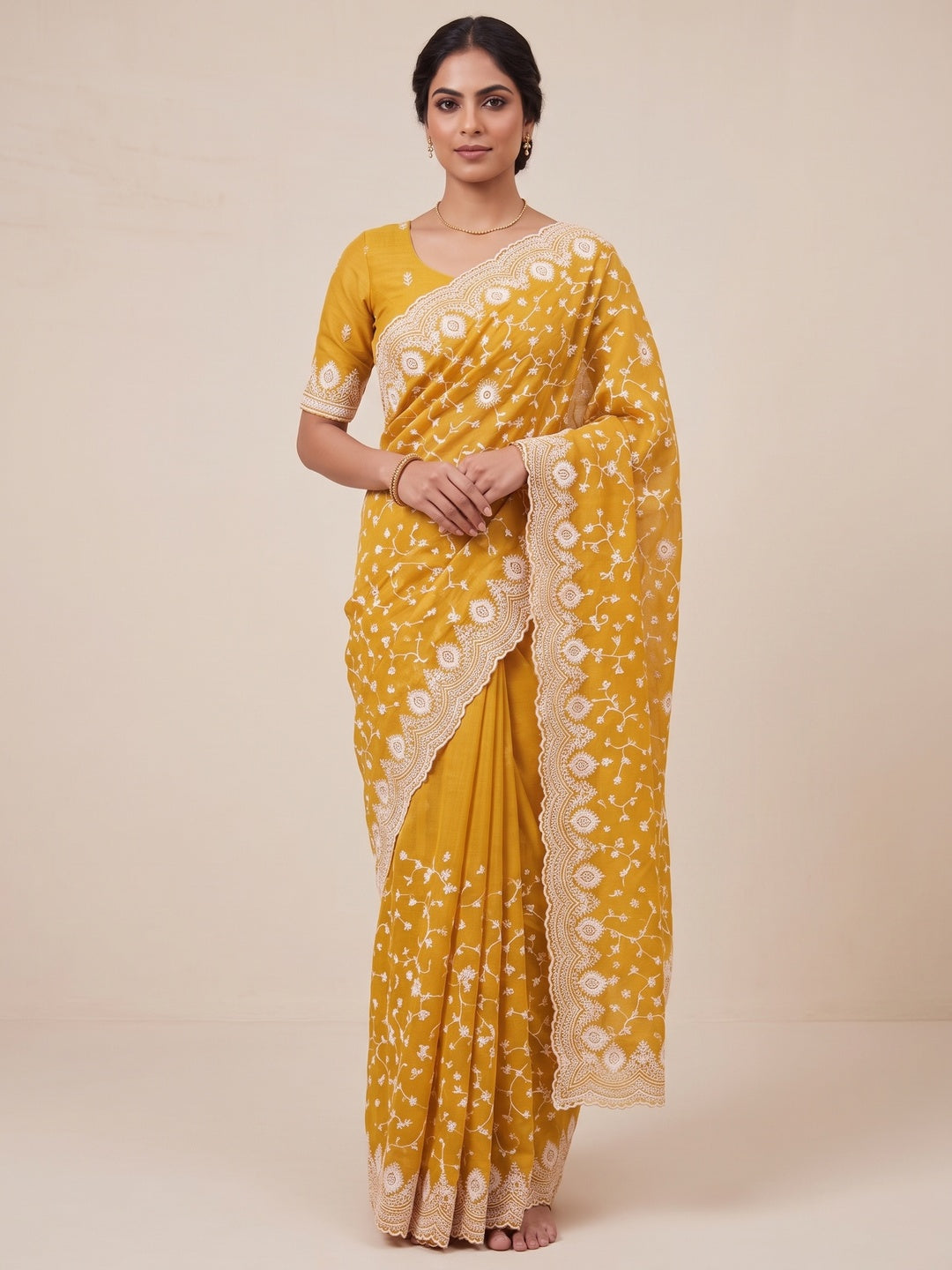 Peachmode Mustard Floral Embroidered Mul Chanderi Saree - Image 1