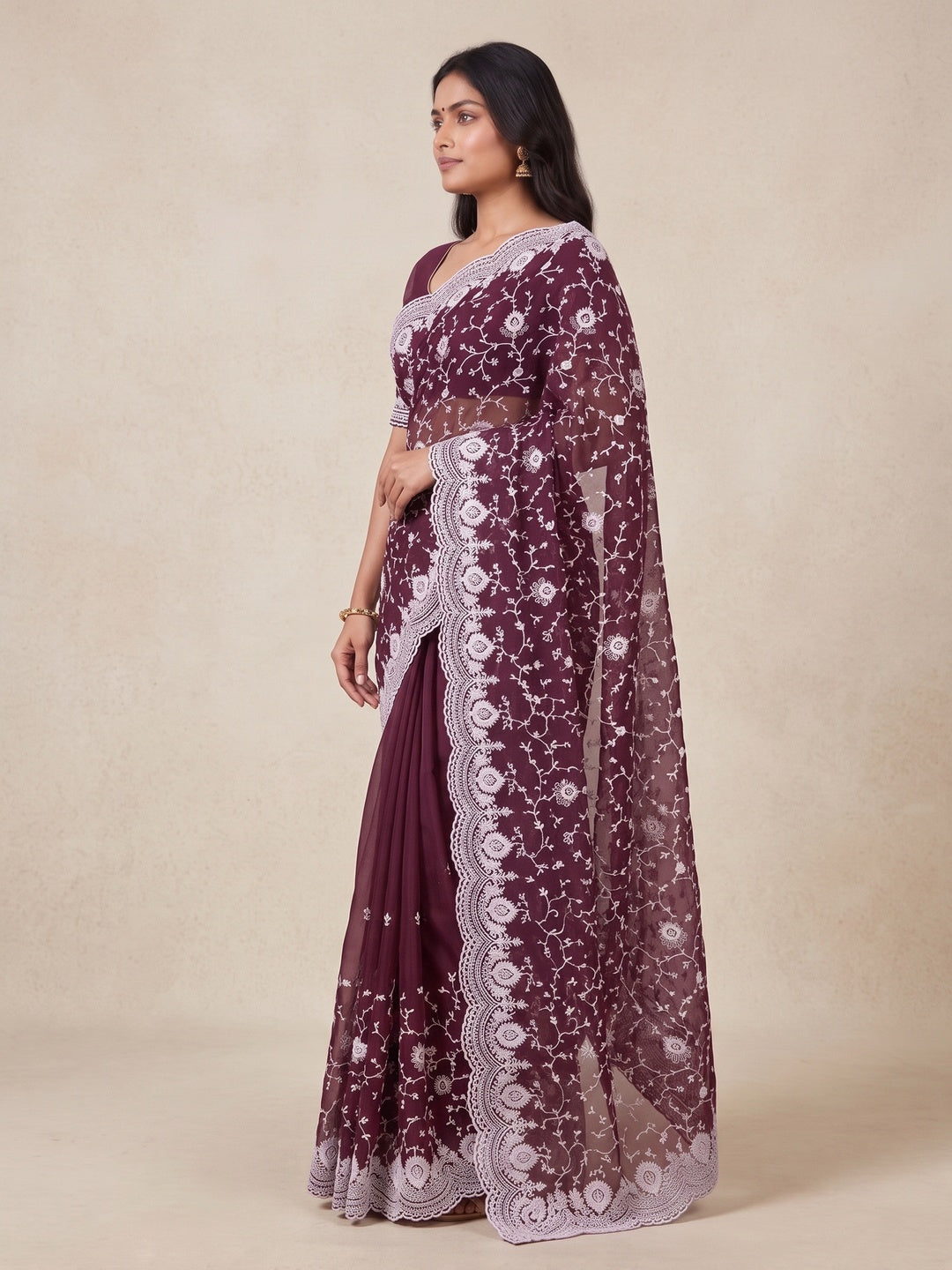 Peachmode Maroon Floral Embroidered Mul Chanderi Saree - Image 6