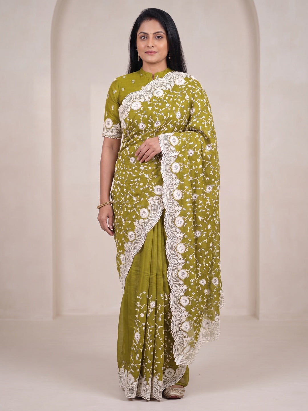 Peachmode Olive Floral Embroidered Mul Chanderi Saree - Image 1