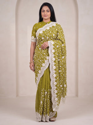 Peachmode Olive Floral Embroidered Mul Chanderi Saree - Image 1