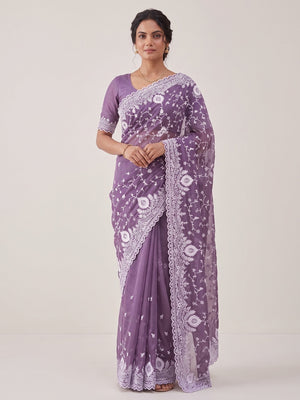 Peachmode Lavender Floral Embroidered Mul Chanderi Saree - Image 1