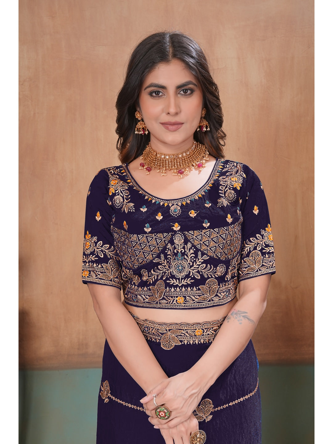 Peachmode Purple Embroidered Fendy Satin Saree With Stitched Blouse - Image 5