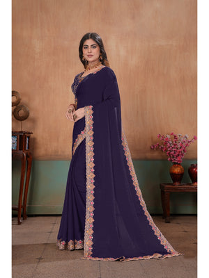 Peachmode Purple Embroidered Fendy Satin Saree With Stitched Blouse - Image 2