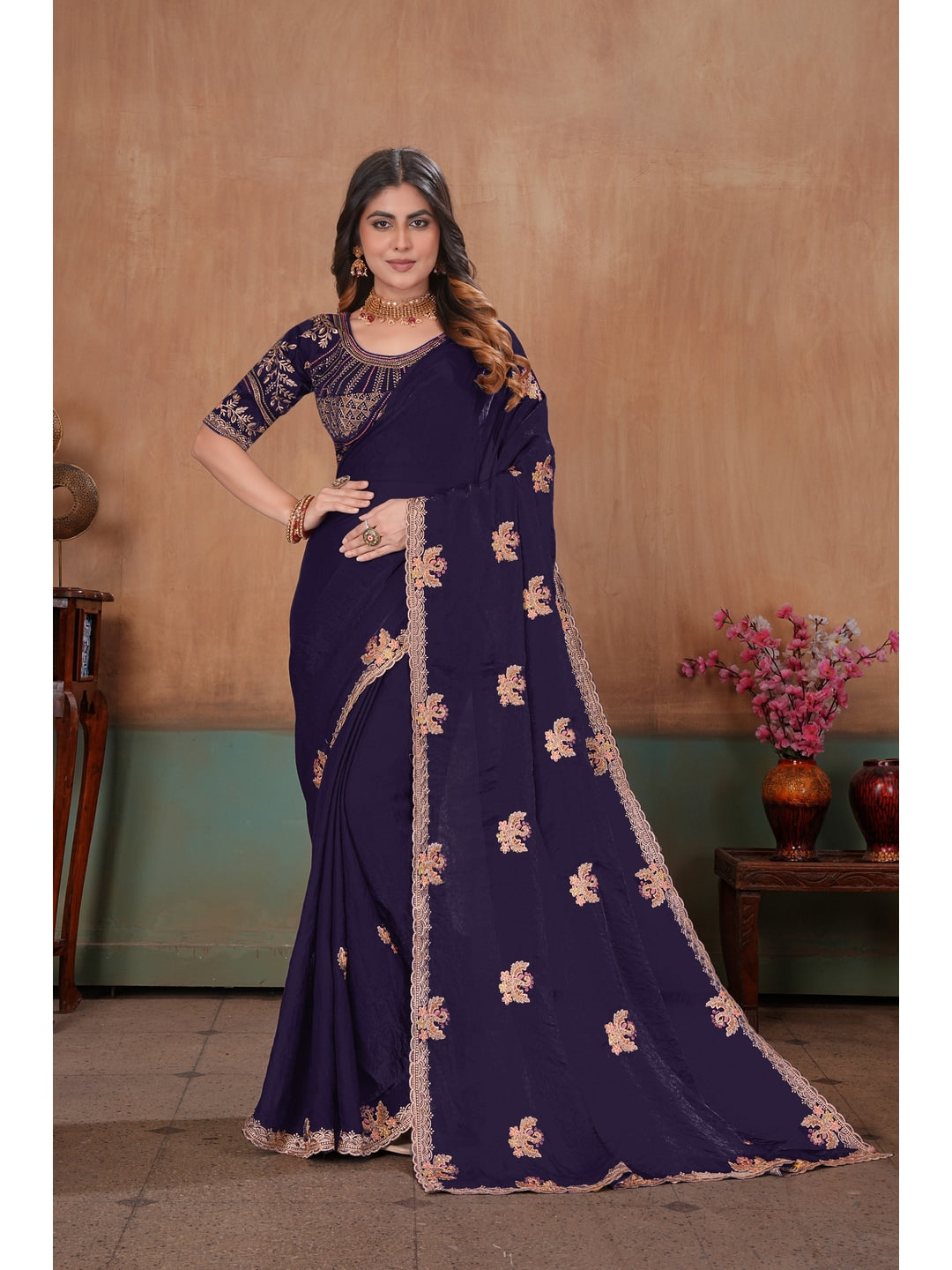 Peachmode Purple Embroidered Fendy Satin Saree With Stitched Blouse - Image 1