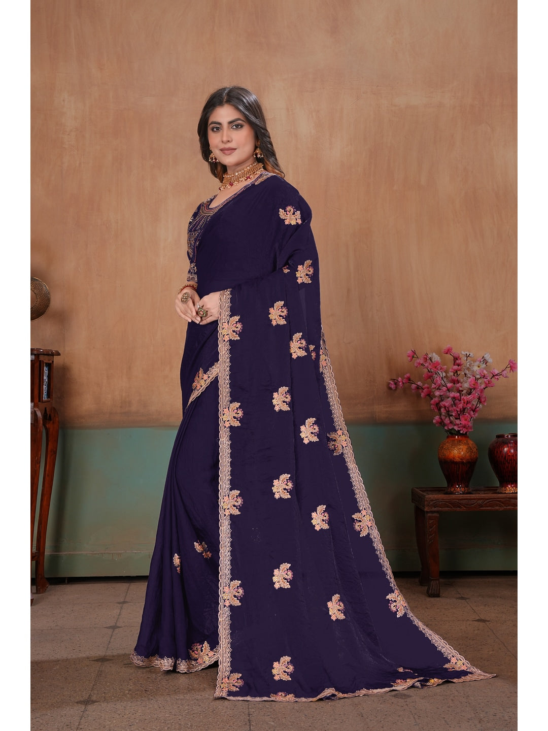 Peachmode Purple Embroidered Fendy Satin Saree With Stitched Blouse - Image 2