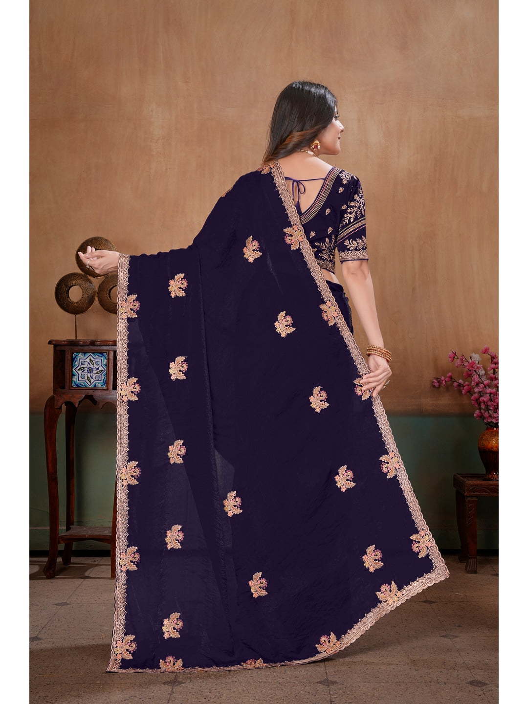 Peachmode Purple Embroidered Fendy Satin Saree With Stitched Blouse - Image 4