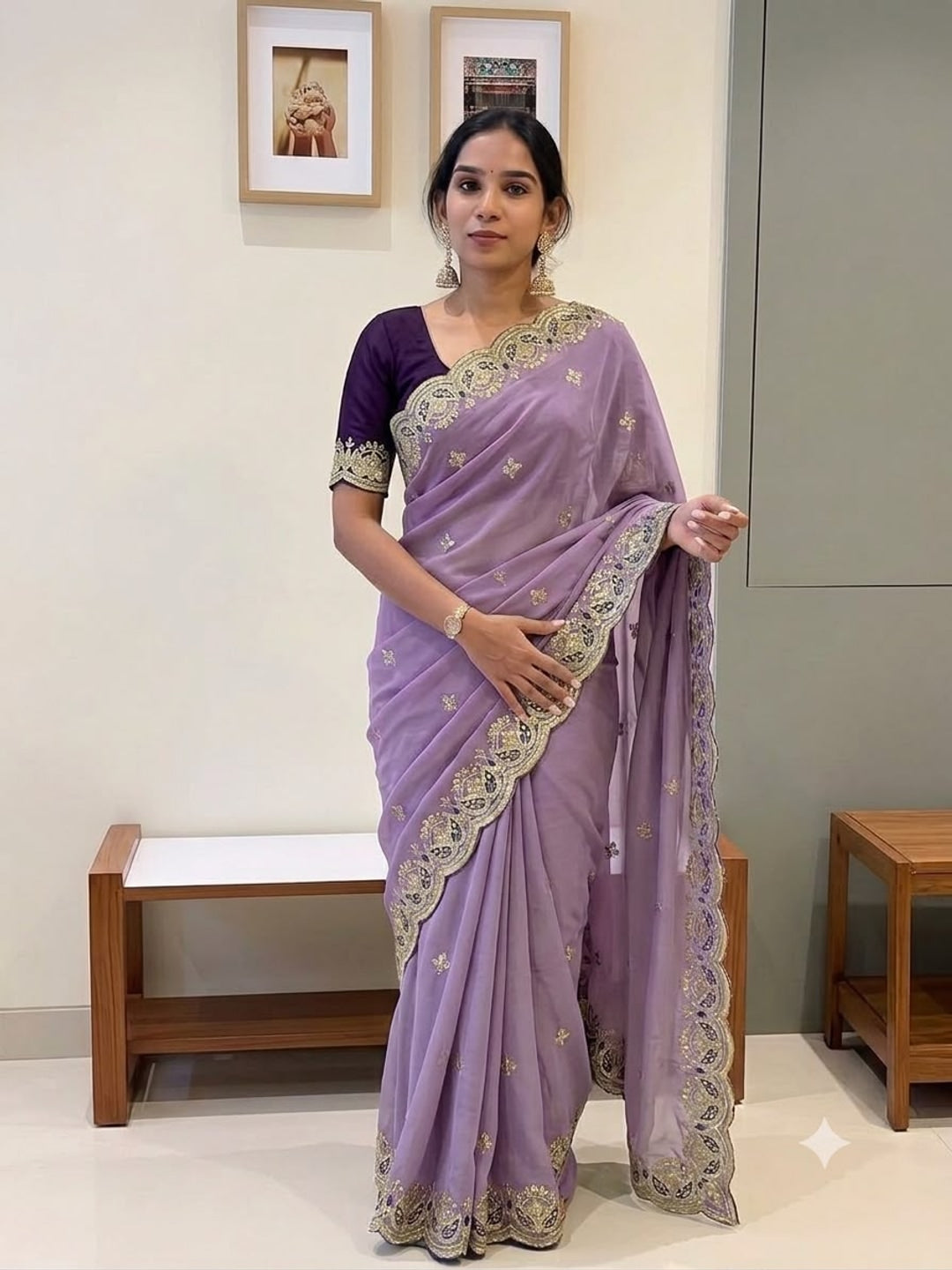 Peachmode Lavender Sequins Zari Embroidered Georgette Saree - Image 1