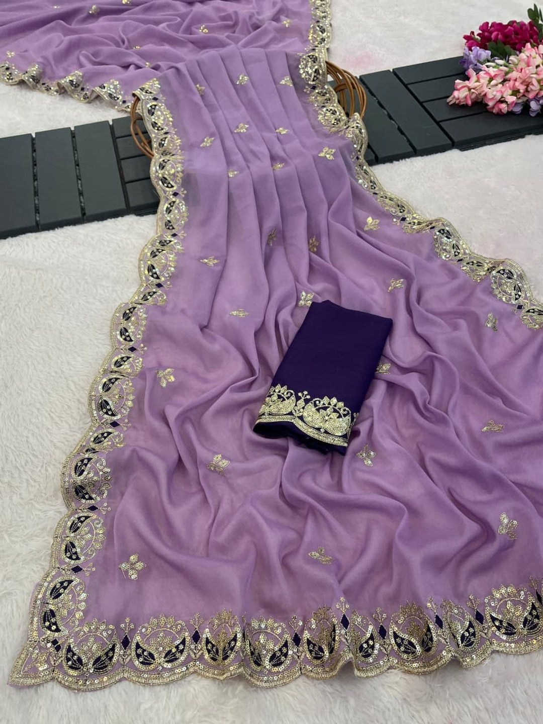 Peachmode Lavender Sequins Zari Embroidered Georgette Saree - Image 2