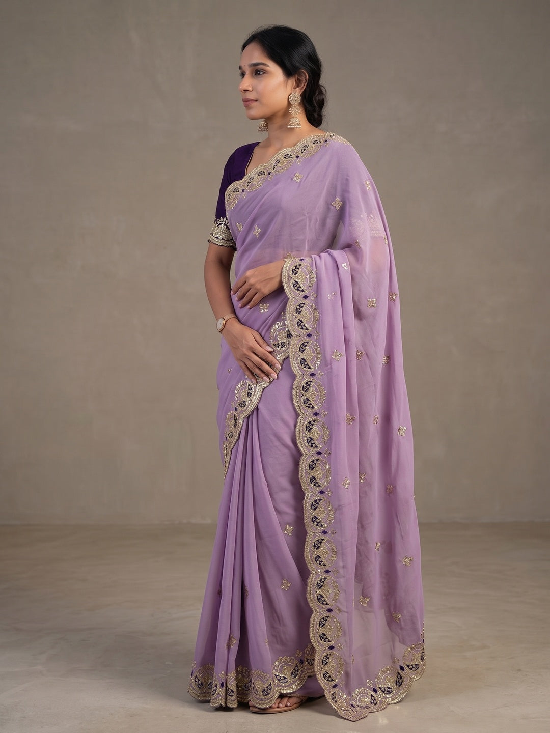 Peachmode Lavender Sequins Zari Embroidered Georgette Saree - Image 3