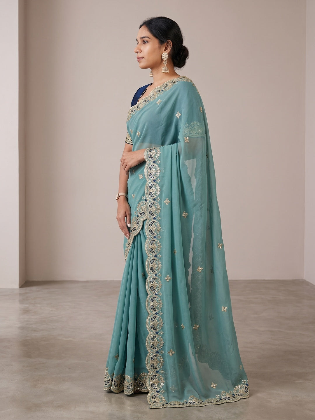 Peachmode Teal Blue Sequins Zari Embroidered Georgette Saree - Image 3