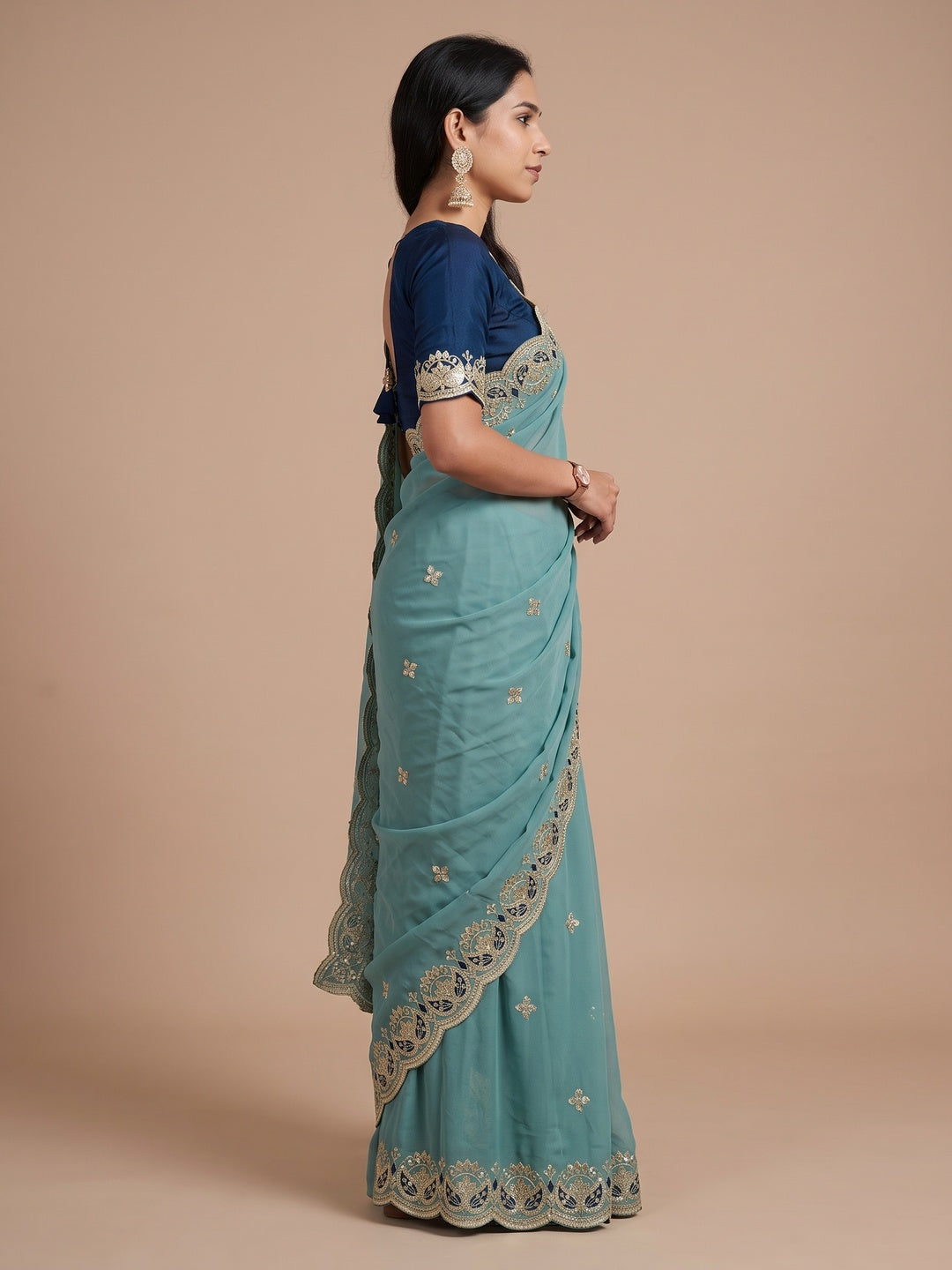 Peachmode Teal Blue Sequins Zari Embroidered Georgette Saree - Image 4