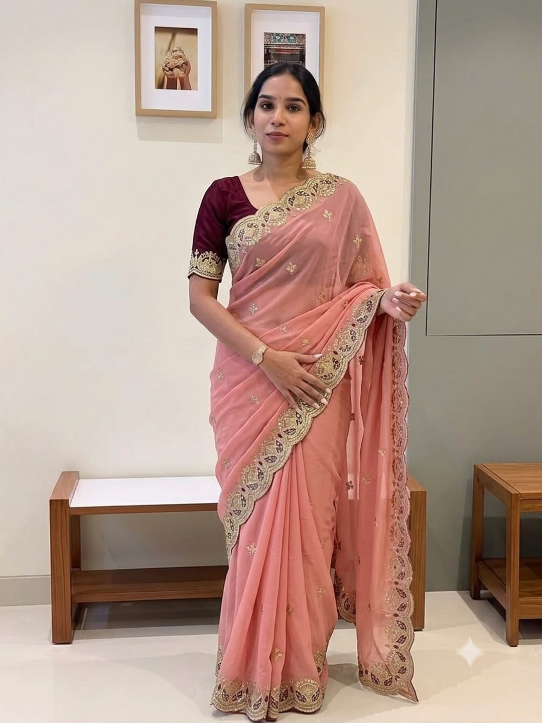 Peachmode Peach Sequins Zari Embroidered Georgette Saree - Image 1