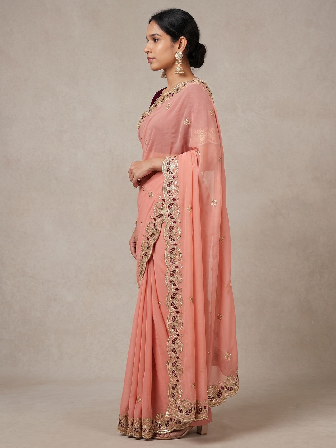 Peachmode Peach Sequins Zari Embroidered Georgette Saree - Image 3