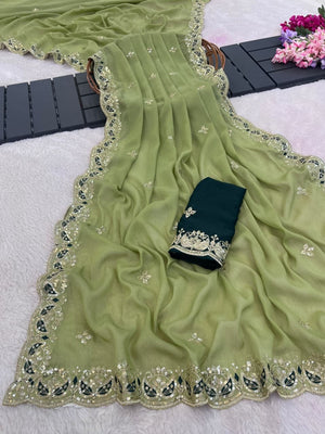 Peachmode Sage Green Sequins Zari Embroidered Georgette Saree - Image 2