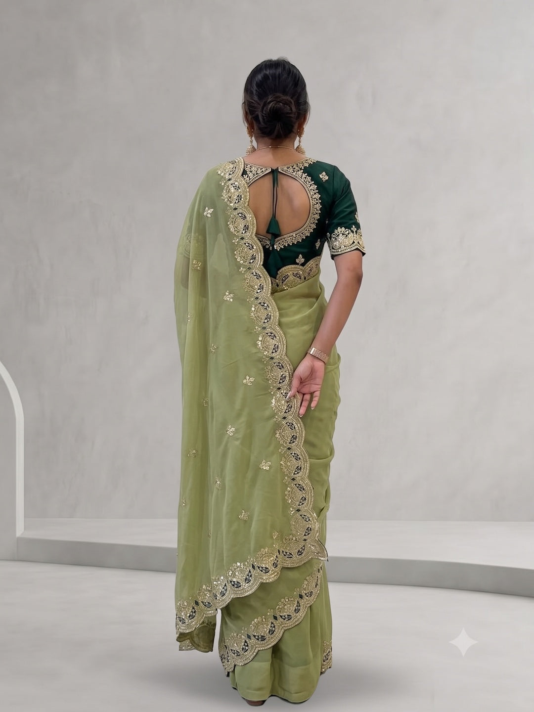 Peachmode Sage Green Sequins Zari Embroidered Georgette Saree - Image 4