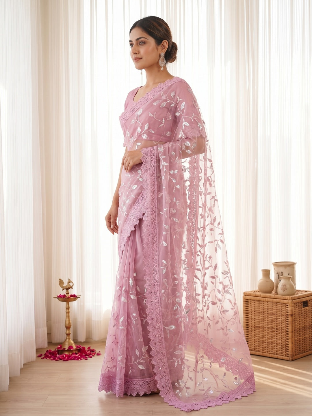 Designer Pink Net Saree with Sequins Work and Lace Border Modern Ethnic Style - Image 4