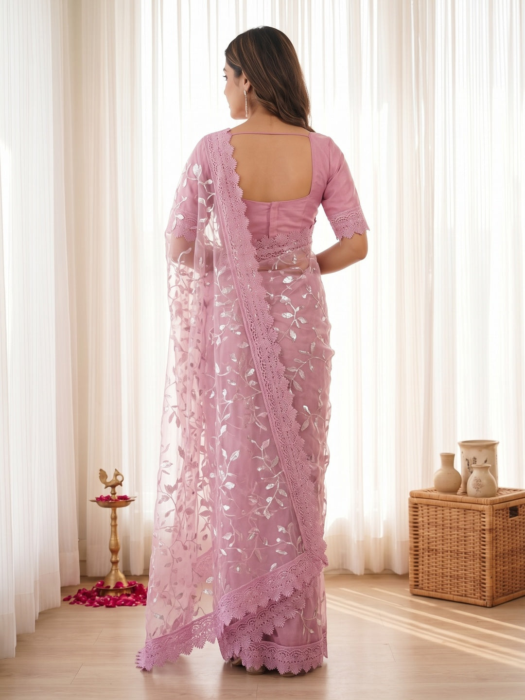 Designer Pink Net Saree with Sequins Work and Lace Border Modern Ethnic Style - Image 5