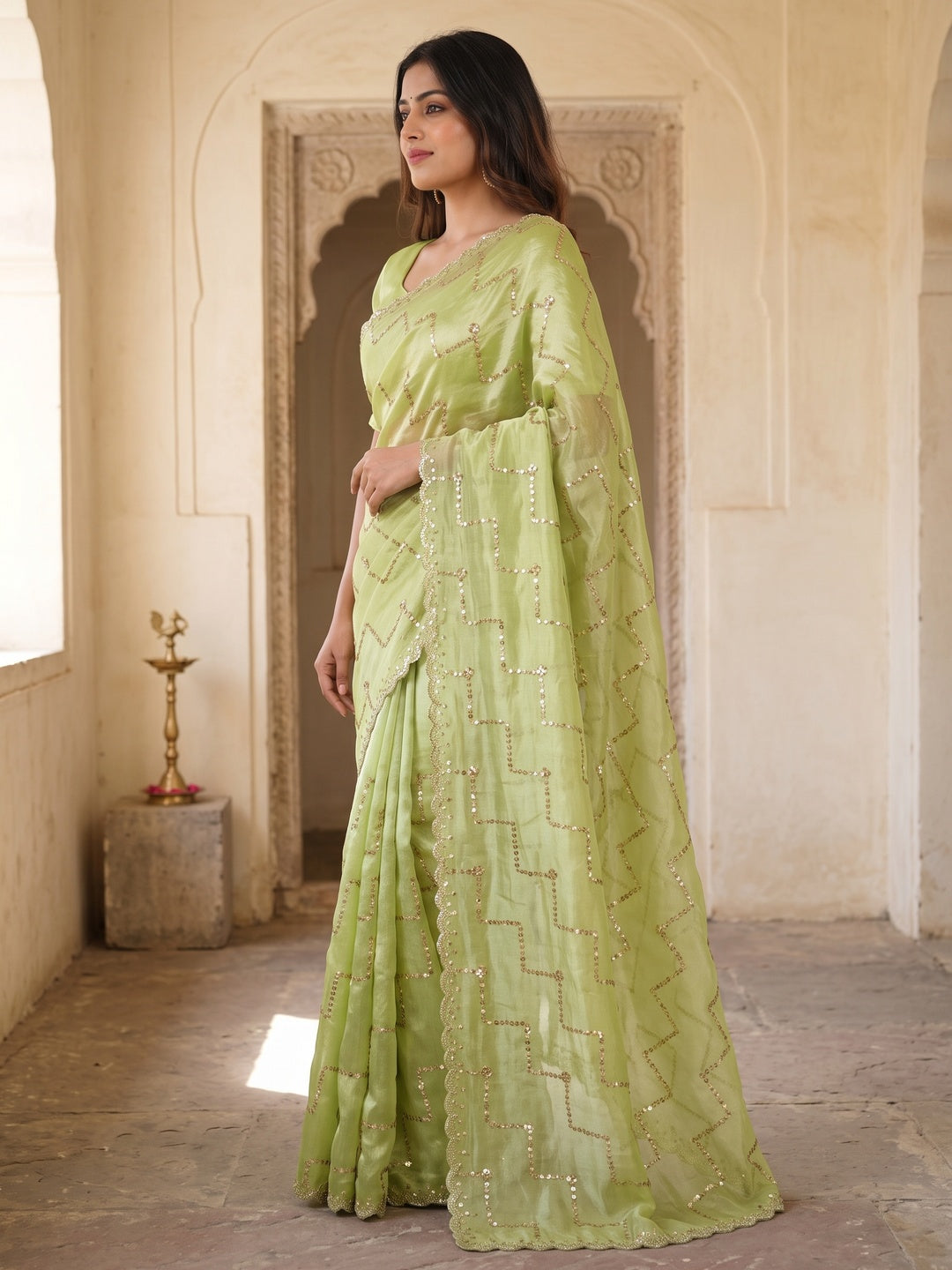 Graceful Green Sequins With Detailed Beads & Stone Work Organza Satin Silk Saree - Image 4