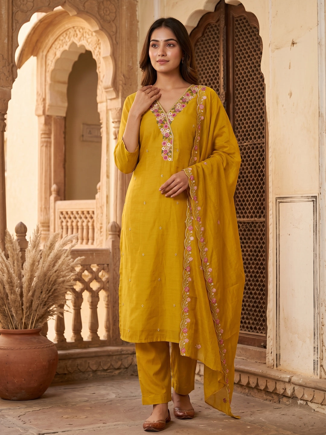 Peachmode Mustard Mul Chanderi Dress Material with Floral Embroidery - Image 5