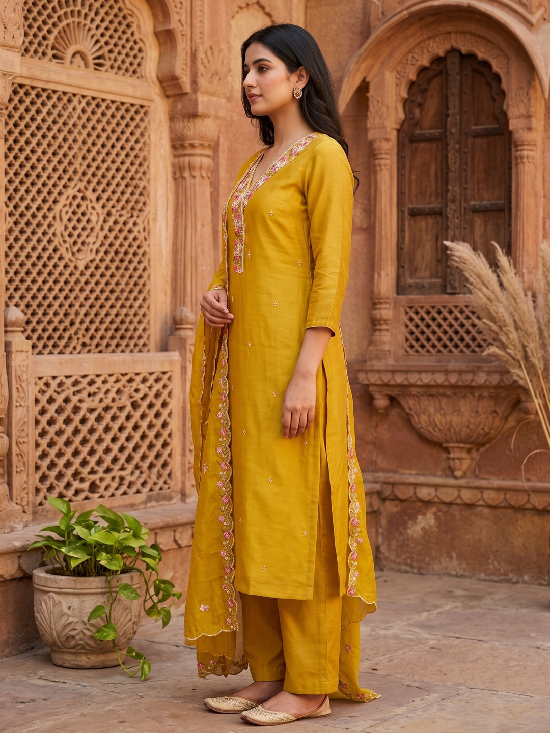Peachmode Mustard Mul Chanderi Dress Material with Floral Embroidery - Image 6