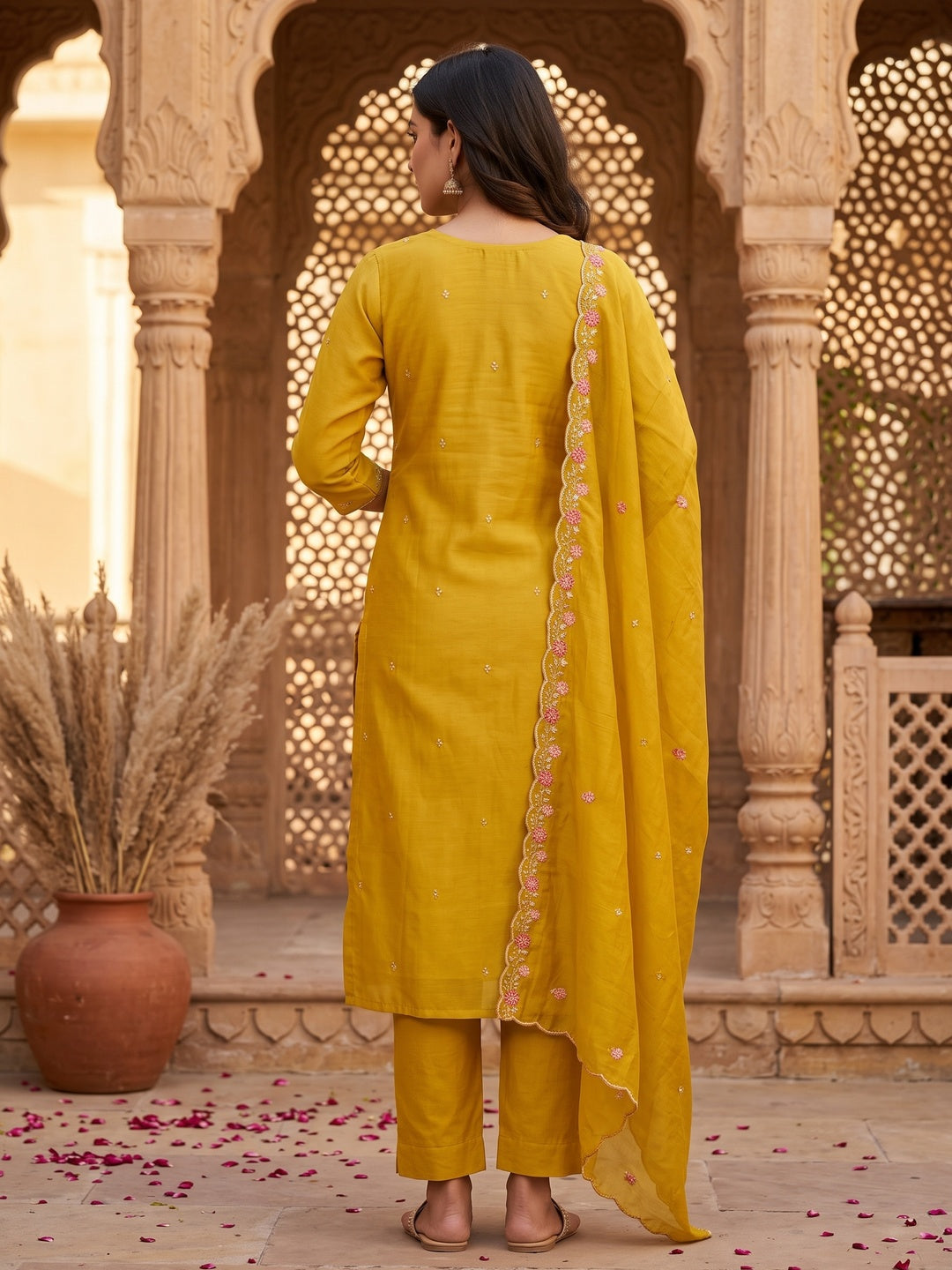 Peachmode Mustard Mul Chanderi Dress Material with Floral Embroidery - Image 7