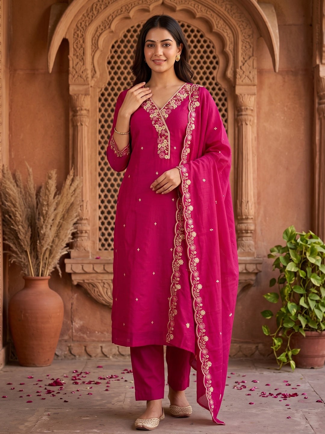 Peachmode Pink Mul Chanderi Dress Material with Floral Embroidery - Image 5