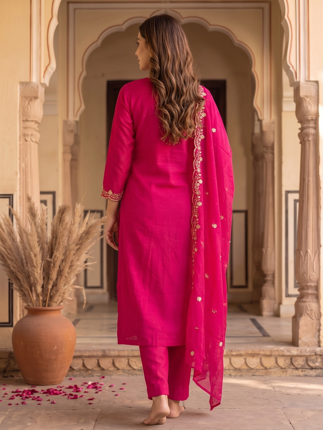 Peachmode Pink Mul Chanderi Dress Material with Floral Embroidery - Image 7