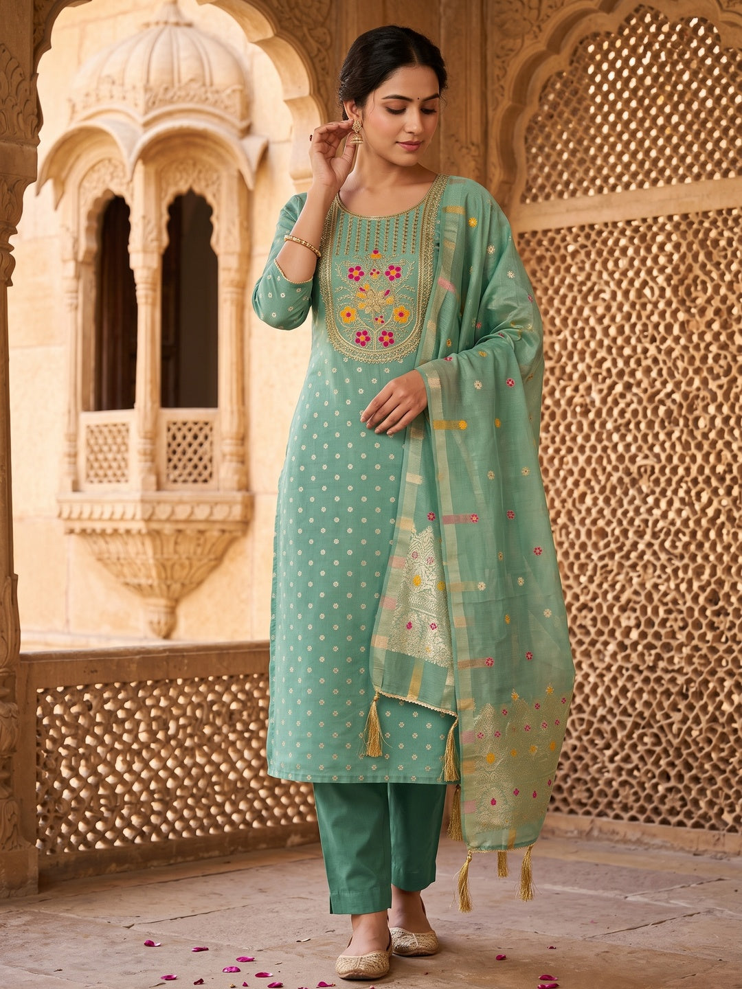 Peachmode Sea Green Jacquard Dress Material with Ethnic Motifs - Image 5