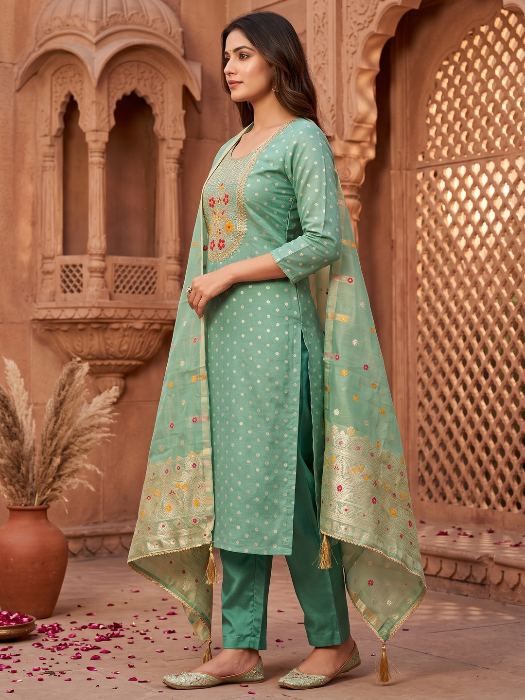 Peachmode Sea Green Jacquard Dress Material with Ethnic Motifs - Image 6