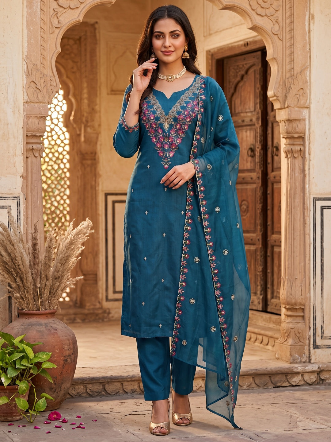 Peachmode Blue Art Silk Dress Material with Floral Embroidery - Image 10