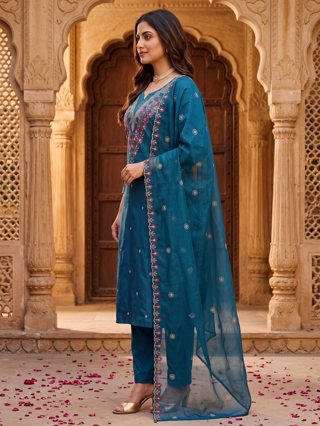 Peachmode Blue Art Silk Dress Material with Floral Embroidery - Image 11