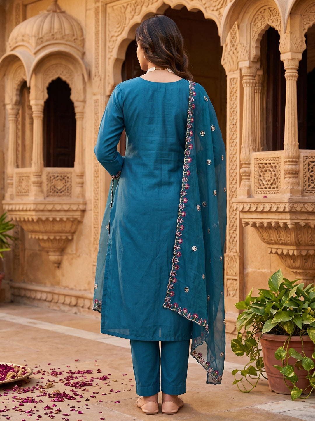 Peachmode Blue Art Silk Dress Material with Floral Embroidery - Image 12