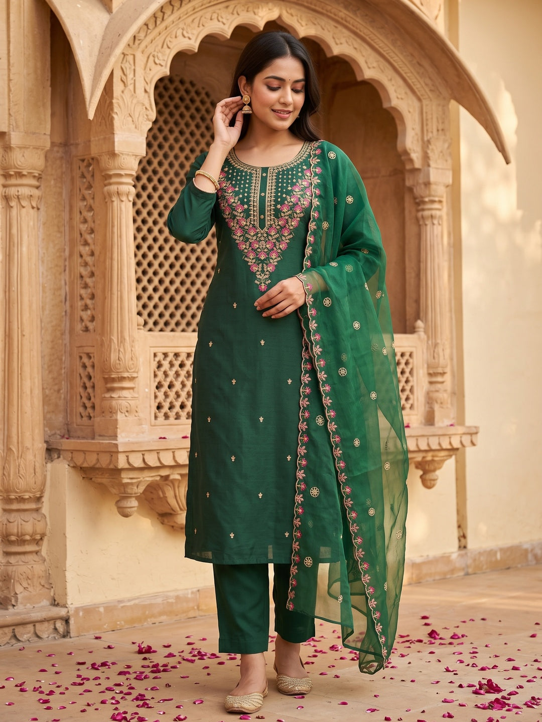 Peachmode Green Art Silk Dress Material with Floral Embroidery - Image 5