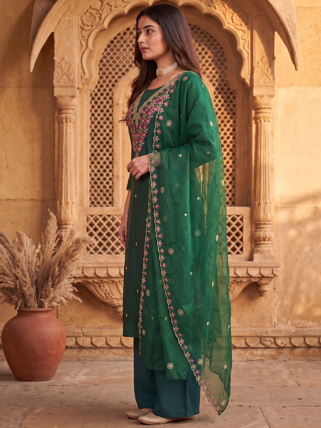 Peachmode Green Art Silk Dress Material with Floral Embroidery - Image 6