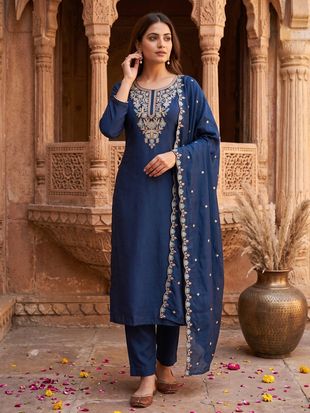 Peachmode Blue Vichitra Silk Dress Material with Floral Embroidery - Image 5