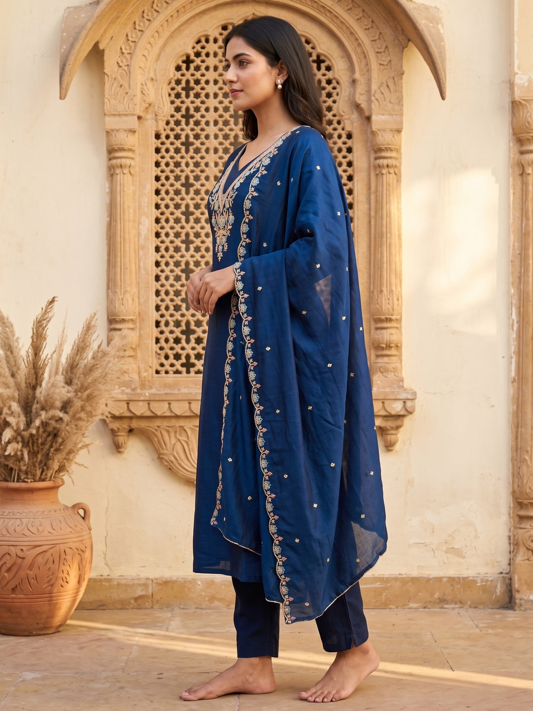 Peachmode Blue Vichitra Silk Dress Material with Floral Embroidery - Image 6