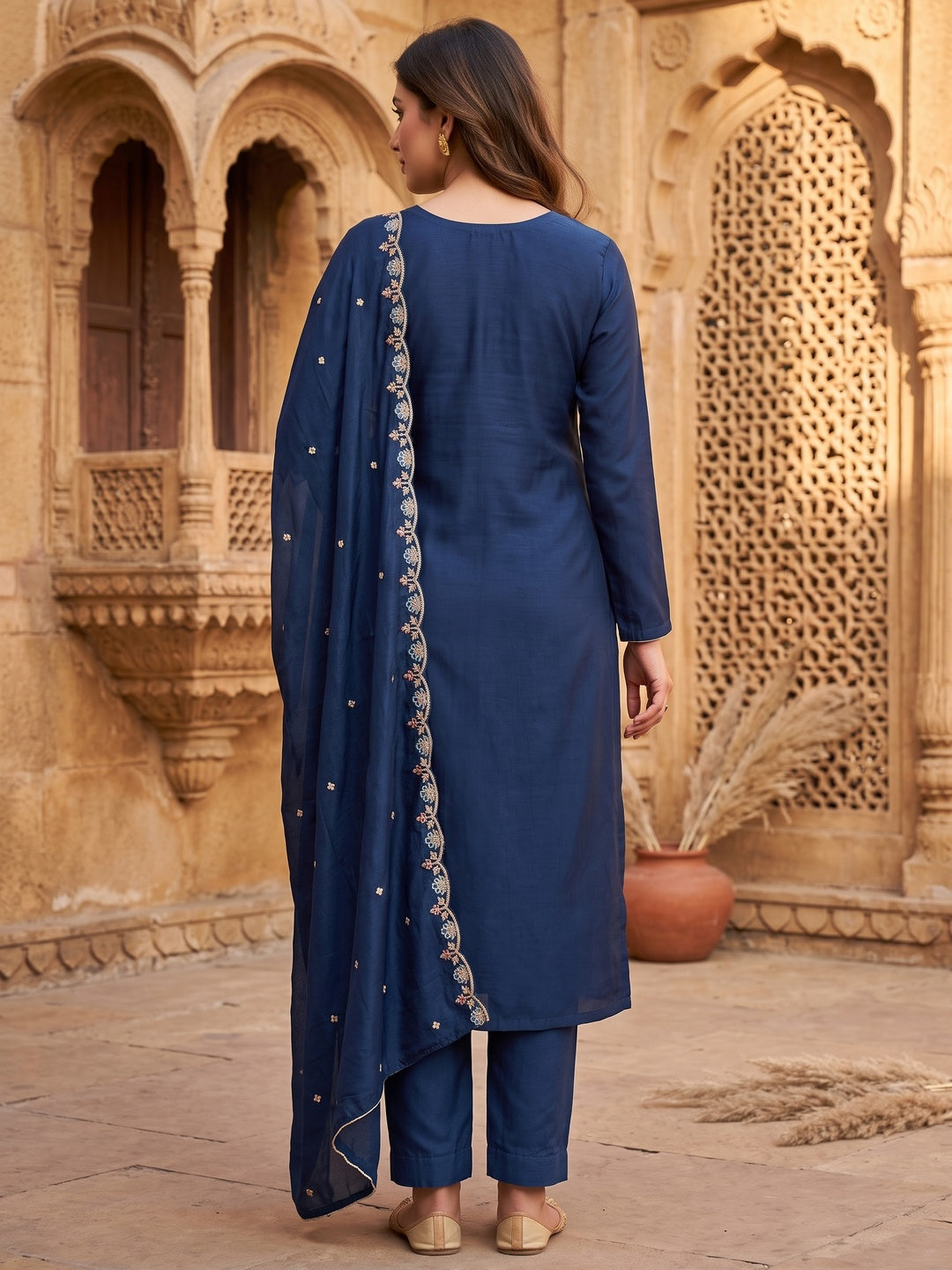 Peachmode Blue Vichitra Silk Dress Material with Floral Embroidery - Image 7
