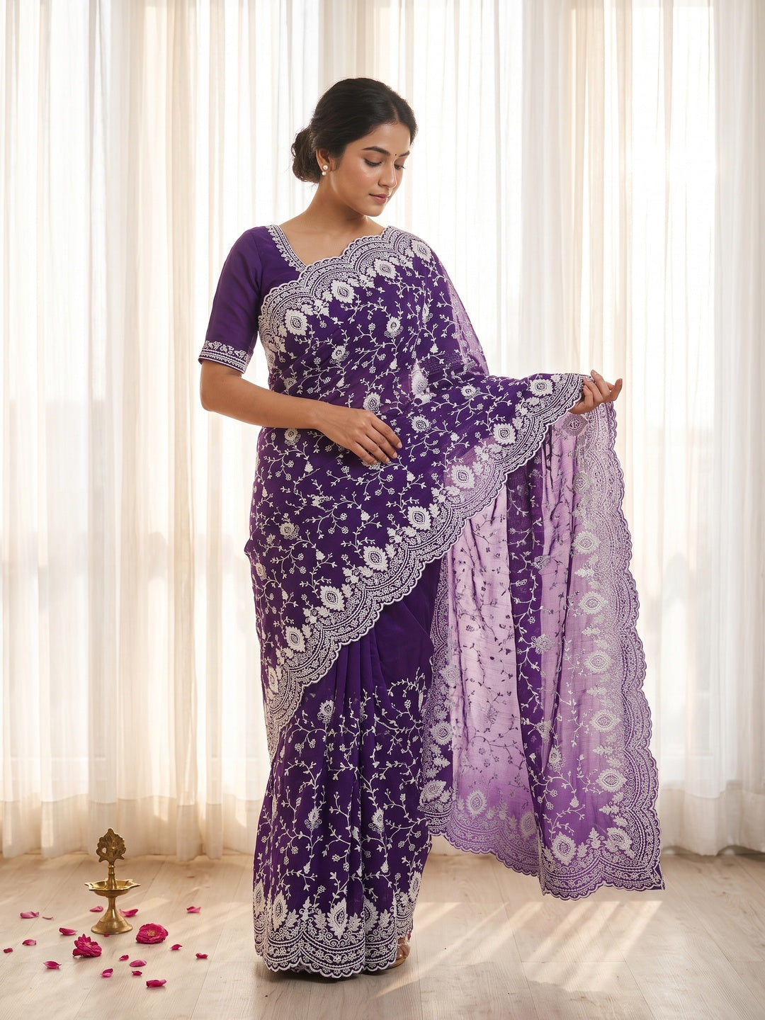 Peachmode Purple Floral Embroidered Mul Chanderi Saree - Image 1