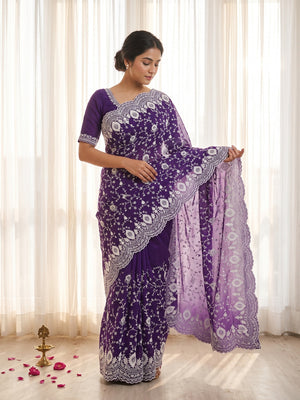 Peachmode Purple Floral Embroidered Mul Chanderi Saree - Image 1
