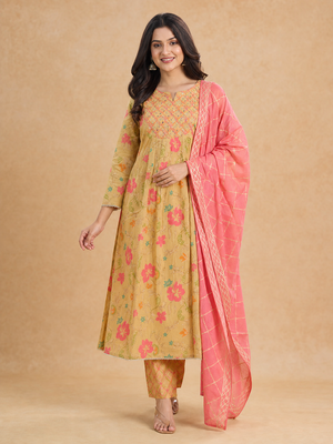 Mustard Floral Printed Mul Cotton Salwar Suit Set - Image 1