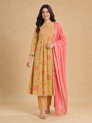 Mustard Floral Printed Mul Cotton Salwar Suit Set - Image 2