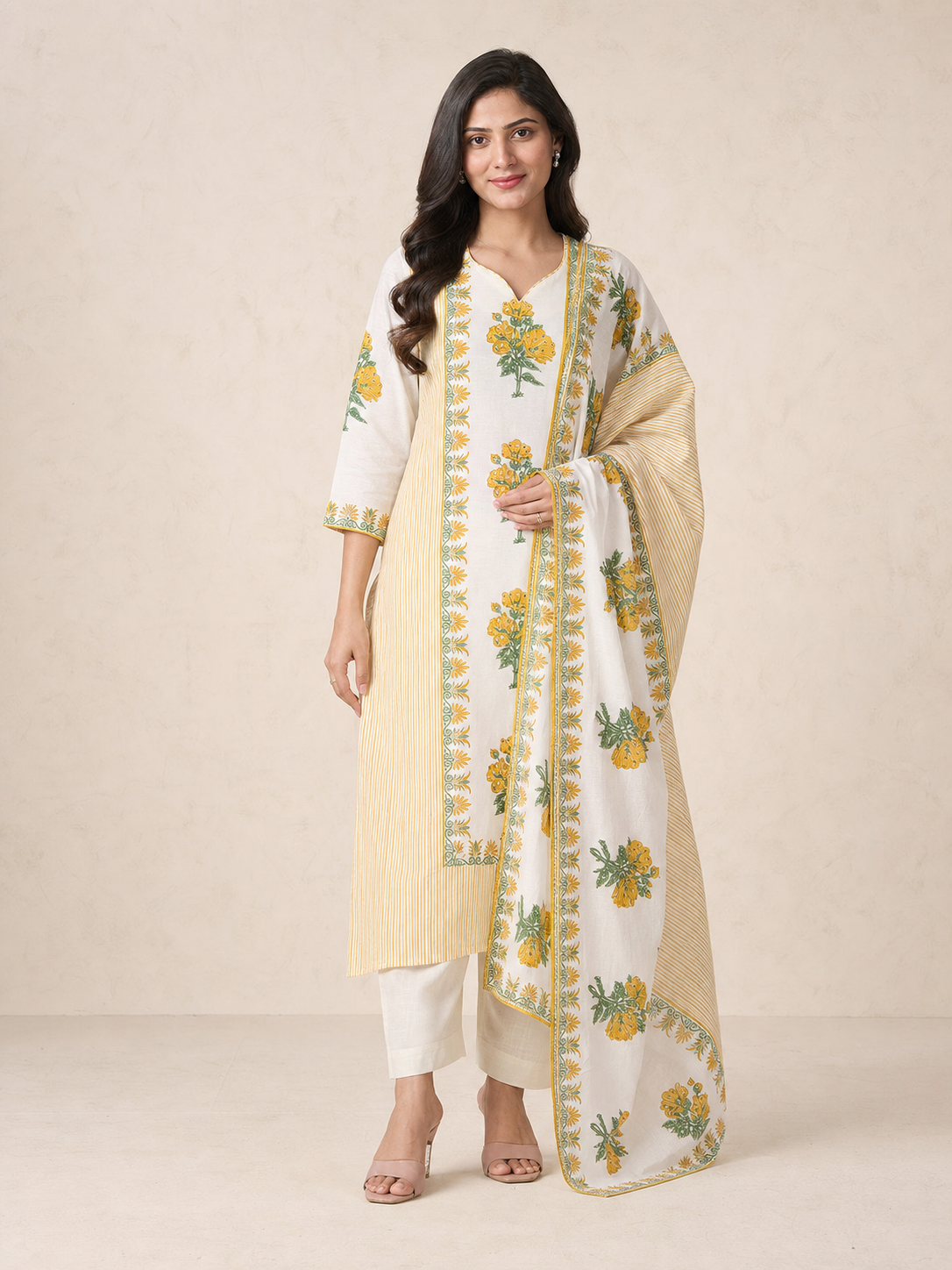 Floral Printed Off White Pure Cotton Straight Suit Set - Image 1