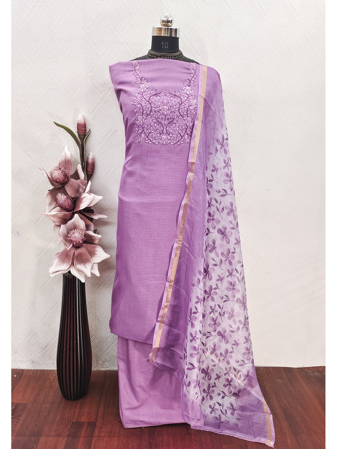 Peachmode Purple Floral Kota Doria Dress Material - Image 2