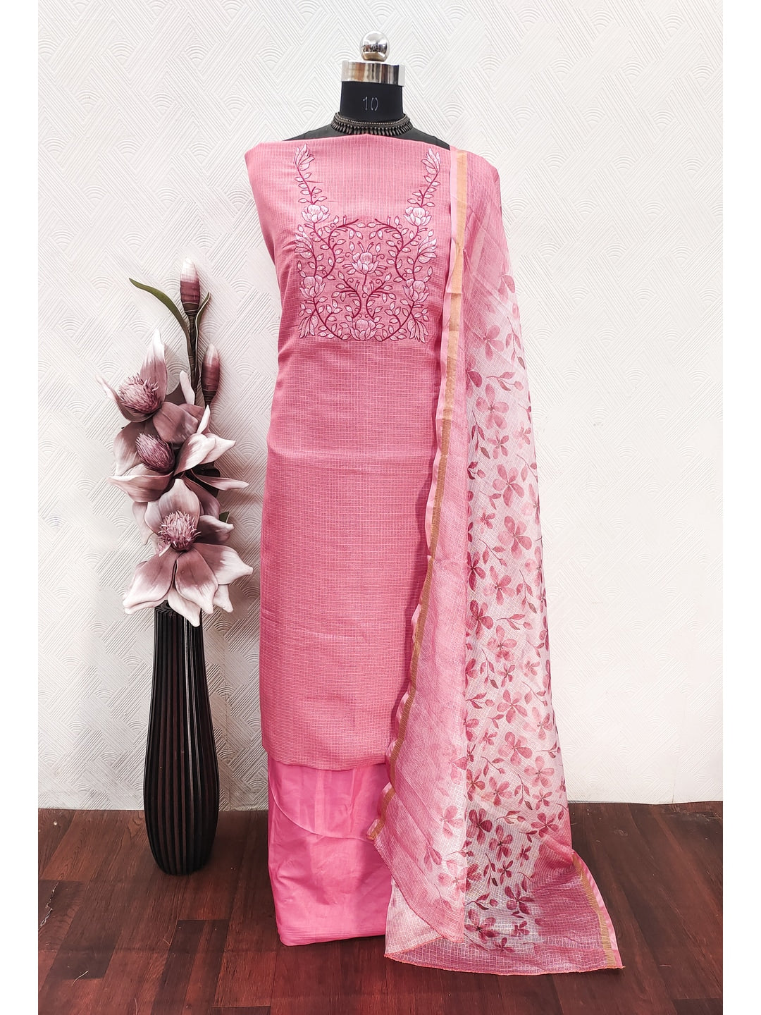 Peachmode Pink Floral Kota Doria Dress Material - Image 3