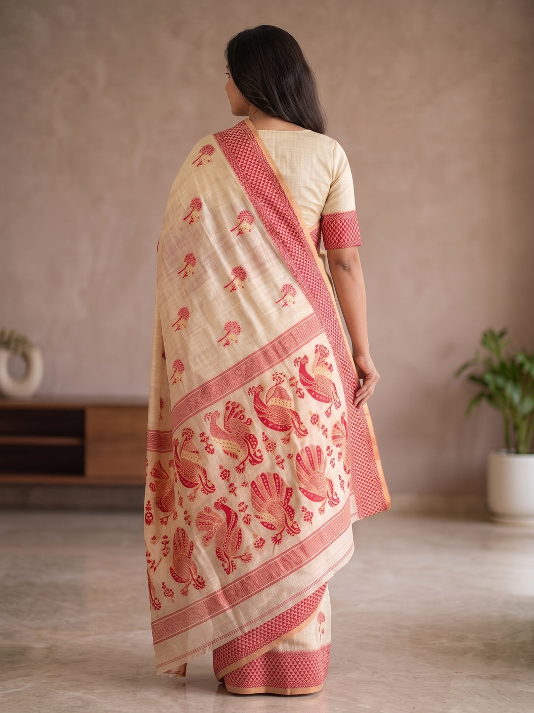 Peachmode Cream Cotton Blend Jamdani Woven Saree - Image 3
