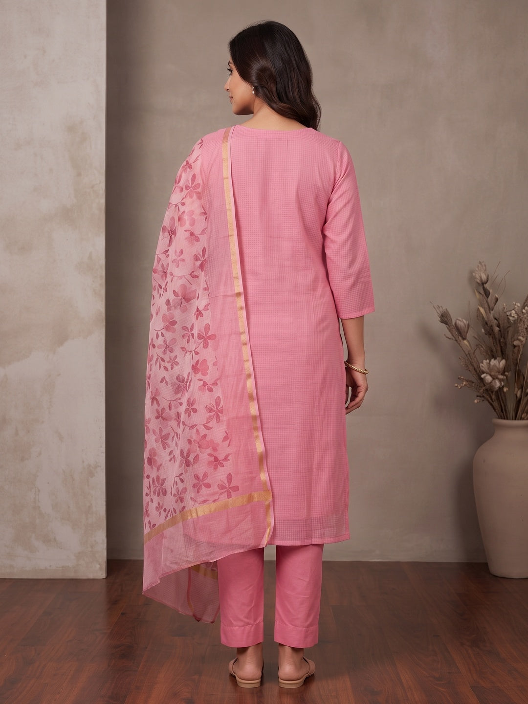 Peachmode Pink Floral Kota Doria Dress Material - Image 5